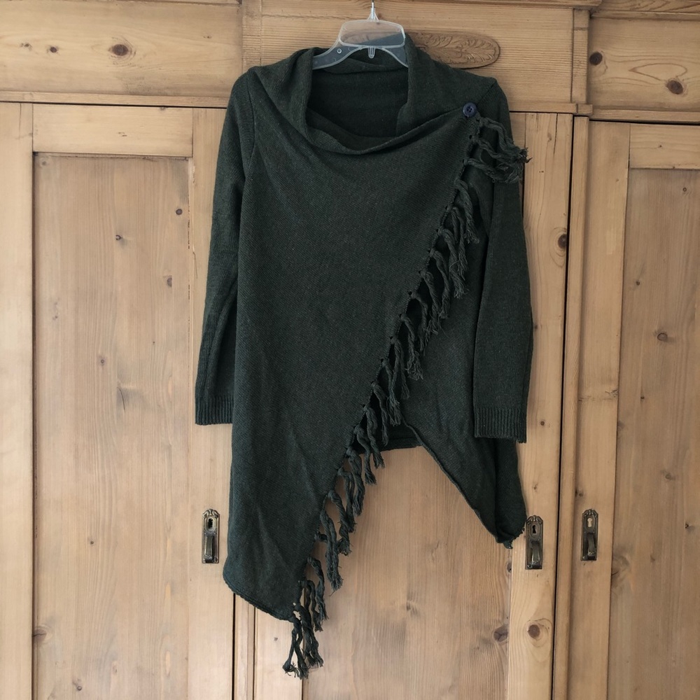 Poncho Sweater Shawl Cardigan Fringe Tassels Green M